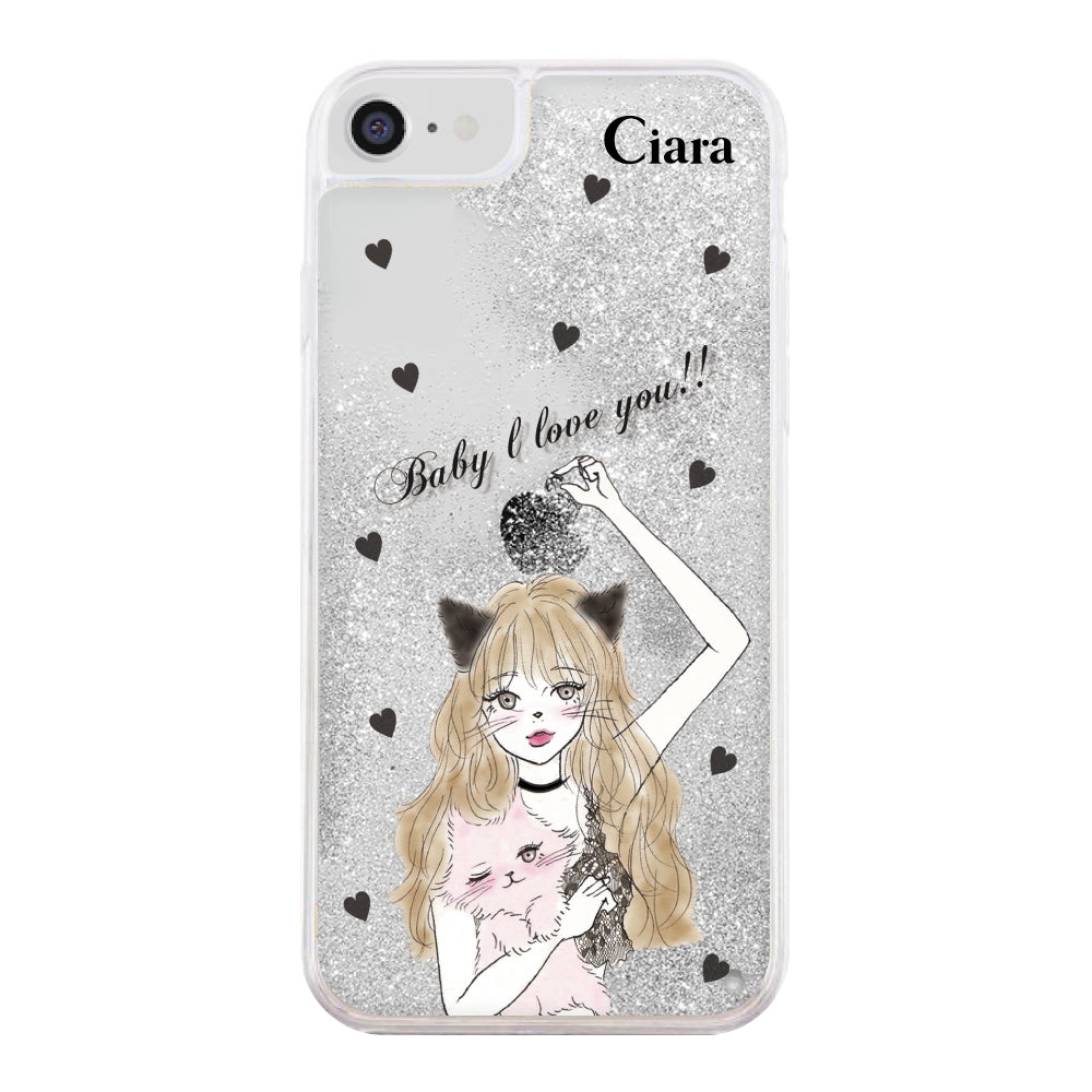 iPhoneケース グリッター オイルクリアケース ブラックキャットガール