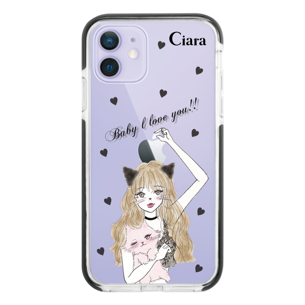 iPhone12/12Pro クッションバンパー 耐衝撃クリアケース ブラックキャットガール ブラック