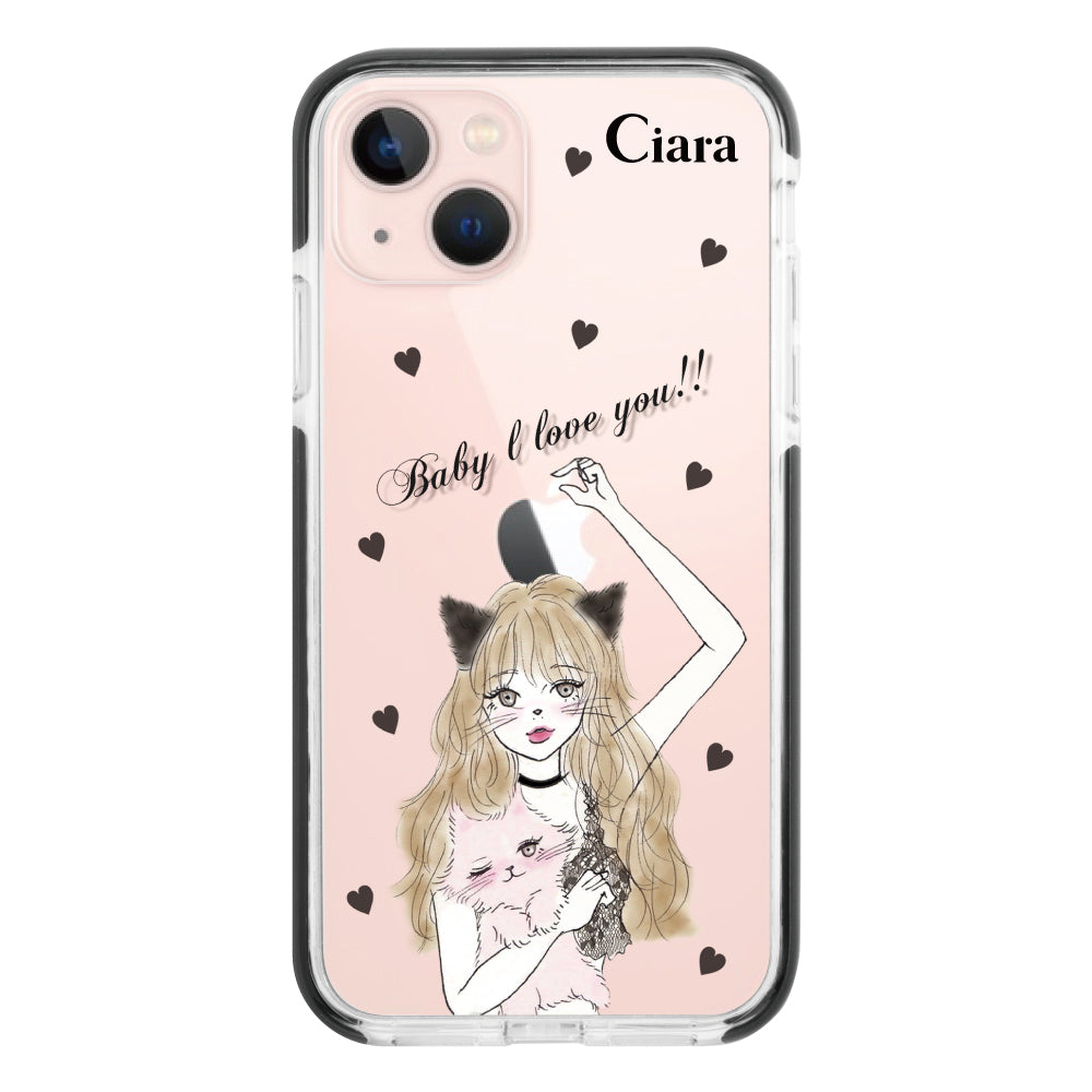 iPhone13 クッションバンパー 耐衝撃クリアケース ブラックキャットガール ブラック