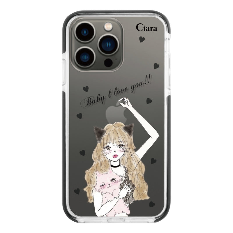 iPhoneケース クッションバンパー 耐衝撃クリアケース ブラックキャットガール