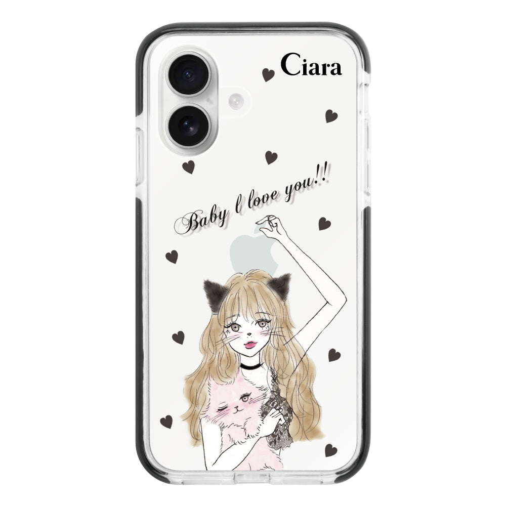iPhone16 クッションバンパー 耐衝撃クリアケース ブラックキャットガール ブラック