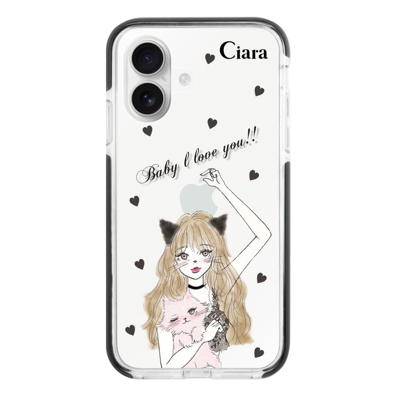 iPhoneケース クッションバンパー 耐衝撃クリアケース ブラックキャットガール