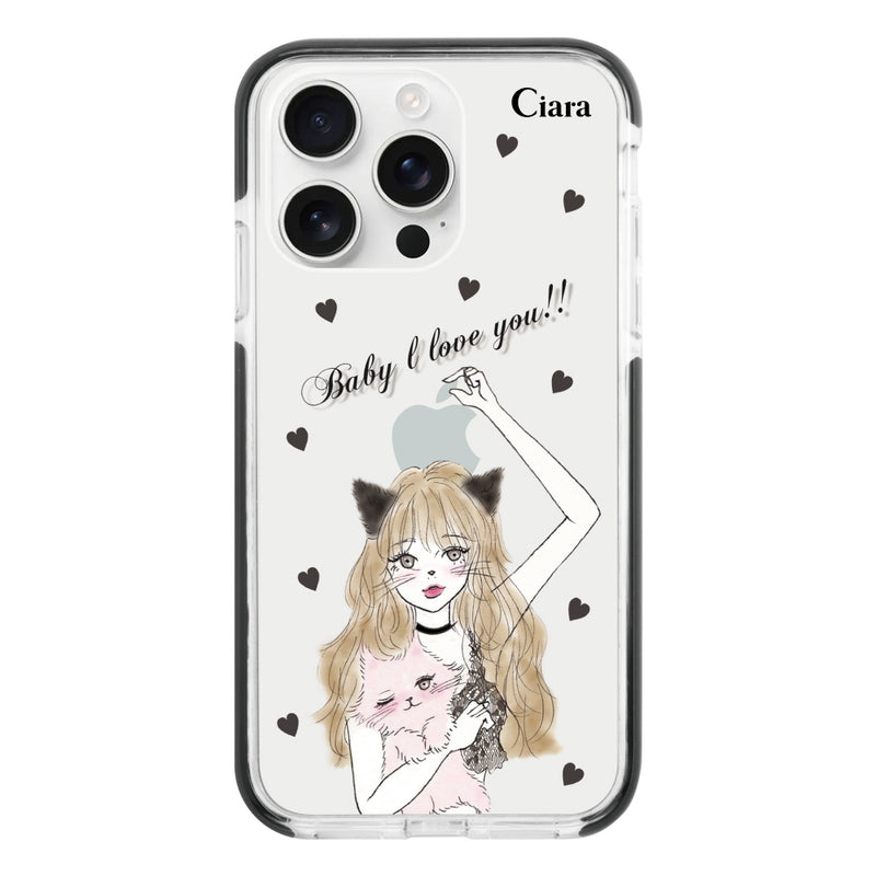 iPhoneケース クッションバンパー 耐衝撃クリアケース ブラックキャットガール