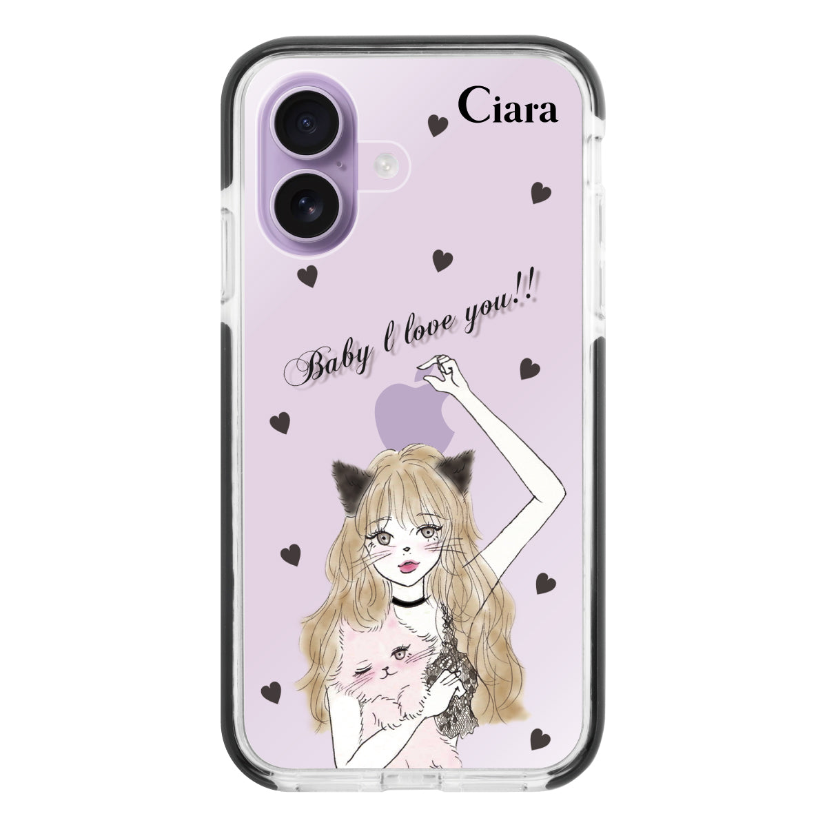 iPhone17 クッションバンパー 耐衝撃クリアケース ブラックキャットガール ブラック