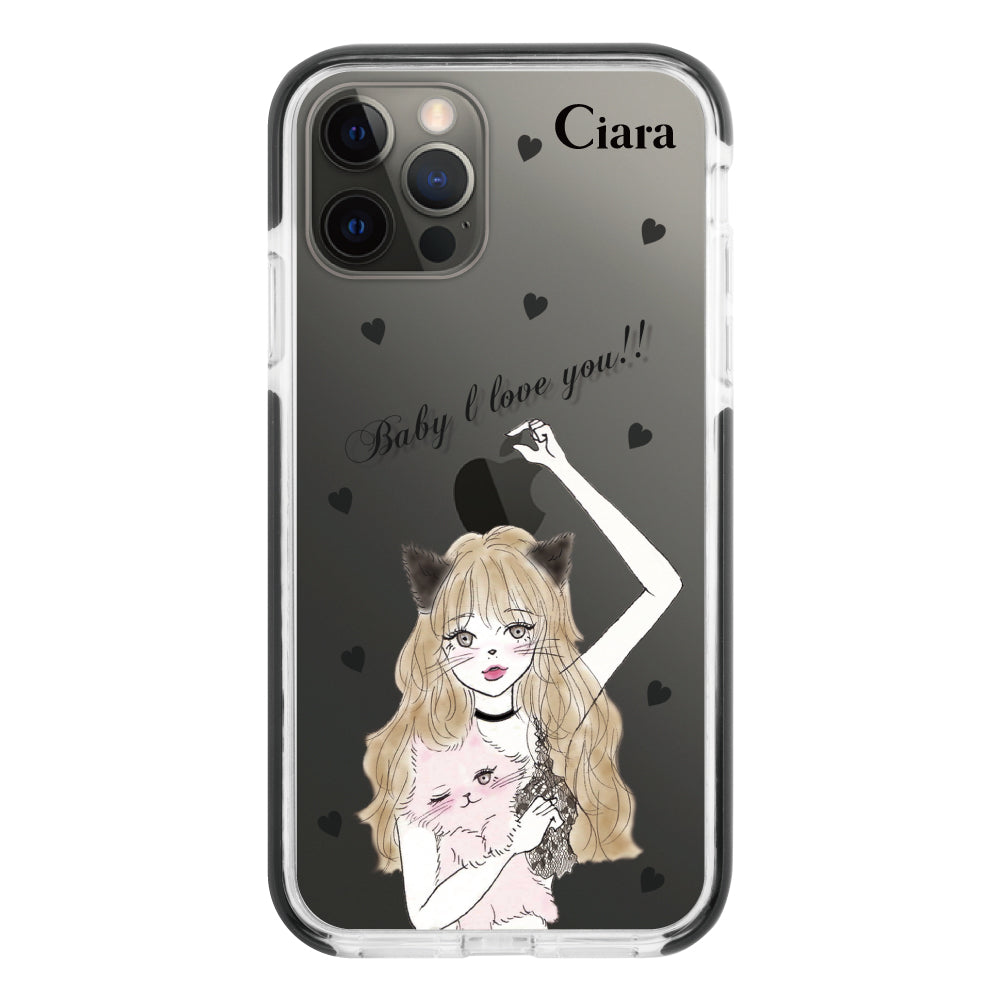 iPhoneX/XS クッションバンパー 耐衝撃クリアケース ブラックキャットガール ブラック