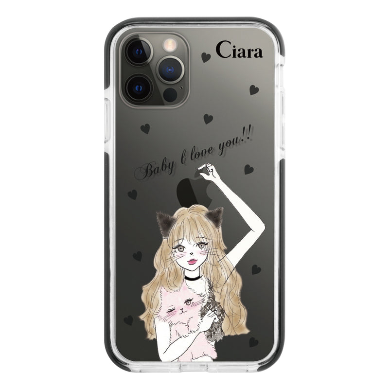 iPhoneケース クッションバンパー 耐衝撃クリアケース ブラックキャットガール