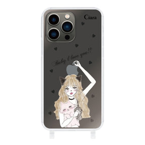 iPhone13Proケース ストラップクリアケース ブラックキャットガール クリア