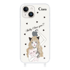 iPhone14ケース ストラップクリアケース ブラックキャットガール クリア