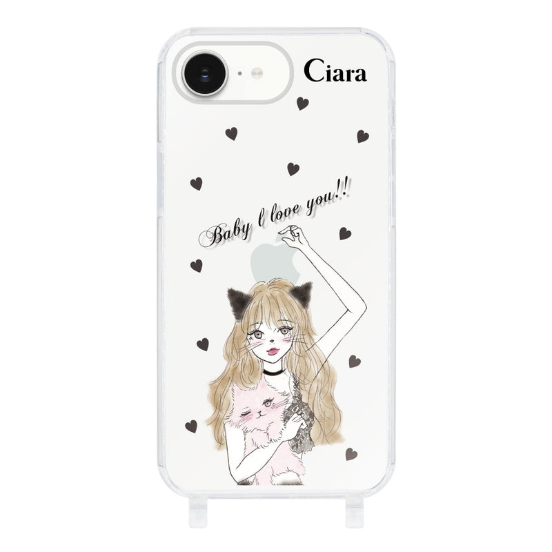 iPhoneケース  ストラップクリアケース ブラックキャットガール
