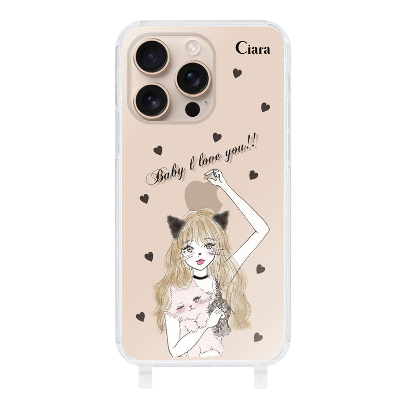 iPhoneケース  ストラップクリアケース ブラックキャットガール