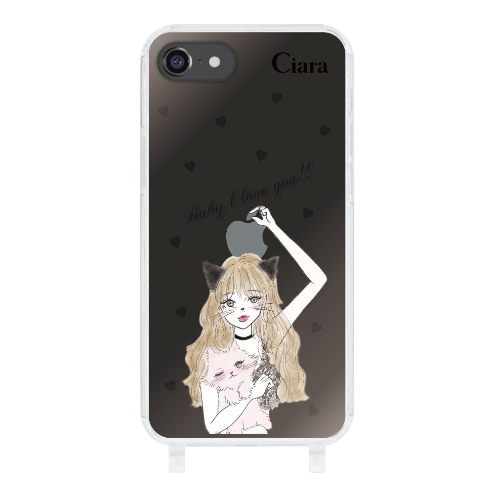 iPhone7/8ケース ストラップクリアケース ブラックキャットガール クリア