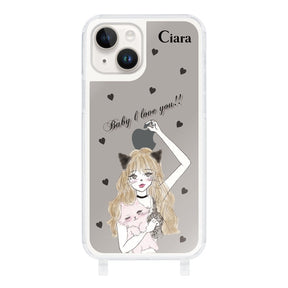 iPhone14ケース ストラップクリアケース ブラックキャットガール ブラック
