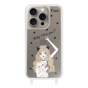 iPhone15Proケース ストラップクリアケース ブラックキャットガール ブラック