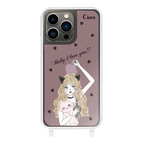 iPhone13Proケース ストラップクリアケース ブラックキャットガール ピンク