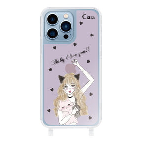 iPhone13ProMaxケース ストラップクリアケース ブラックキャットガール ピンク