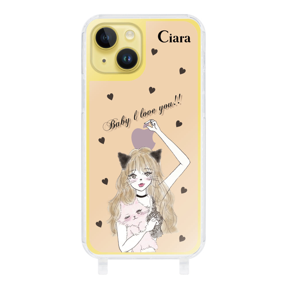 iPhone14Plusケース ストラップクリアケース ブラックキャットガール ピンク