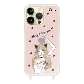 iPhone14Proケース ストラップクリアケース ブラックキャットガール ピンク