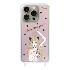 iPhone15Proケース ストラップクリアケース ブラックキャットガール ピンク
