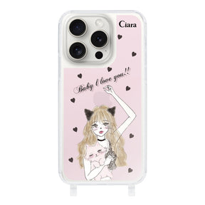 iPhone15ProMaxケース ストラップクリアケース ブラックキャットガール ピンク
