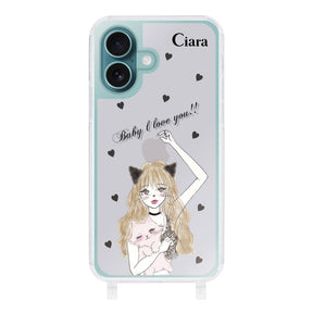 iPhone16Plusケース ストラップクリアケース ブラックキャットガール ピンク