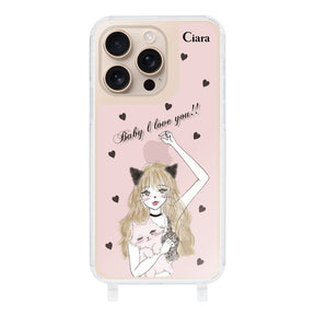 iPhone16Proケース ストラップクリアケース ブラックキャットガール ピンク