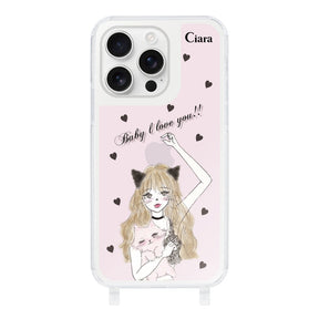 iPhone16ProMaxケース ストラップクリアケース ブラックキャットガール ピンク
