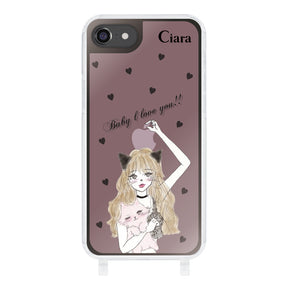 iPhone7/8ケース ストラップクリアケース ブラックキャットガール ピンク