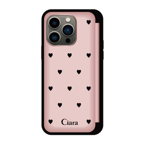 iPhone13Pro バックフリップカード収納ミラー付き カード収納ミラー付きケース スウィートハート ピンク