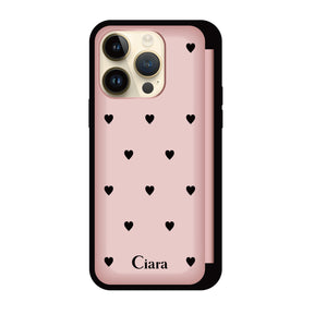 iPhone14Pro バックフリップカード収納ミラー付き カード収納ミラー付きケース スウィートハート ピンク