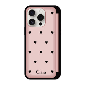 iPhone15ProMax バックフリップカード収納ミラー付き カード収納ミラー付きケース スウィートハート ピンク