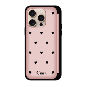 iPhone16Pro バックフリップカード収納ミラー付き カード収納ミラー付きケース スウィートハート ピンク