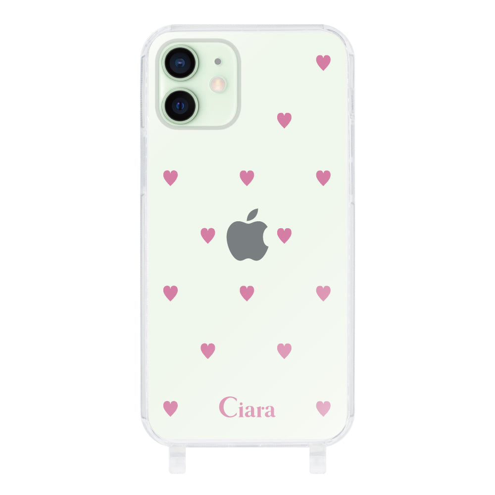 iPhone12mini ストラップクリアケース スウィートハート ピンク