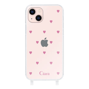 iPhone13 ストラップクリアケース スウィートハート ピンク