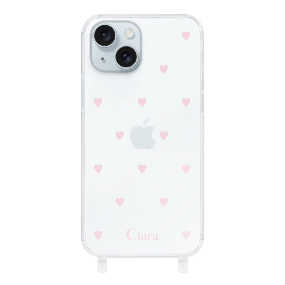 iPhone15Plus ストラップクリアケース スウィートハート ピンク