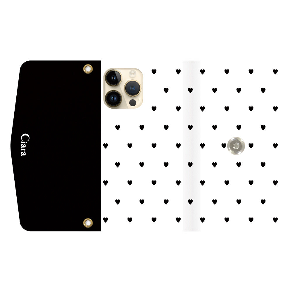 iPhone14Proケース 手帳型カード収納レザーケース スウィートハート ブラック