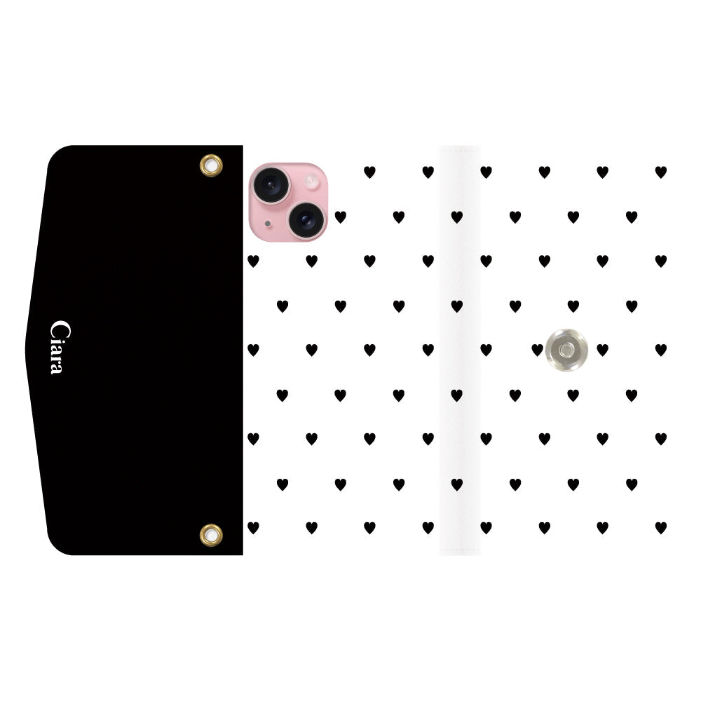 iPhone15ケース 手帳型カード収納レザーケース スウィートハート ブラック