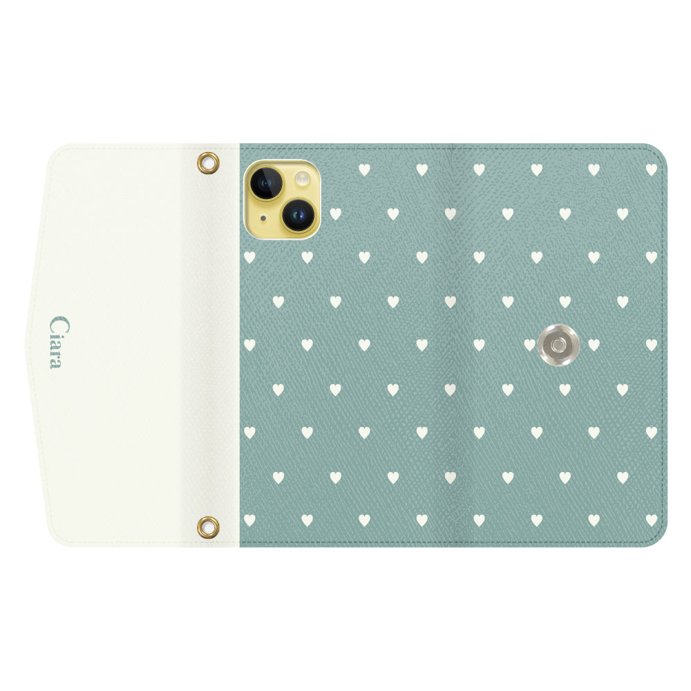 iPhone14Plusケース 手帳型カード収納レザーケース スウィートハート グリーン