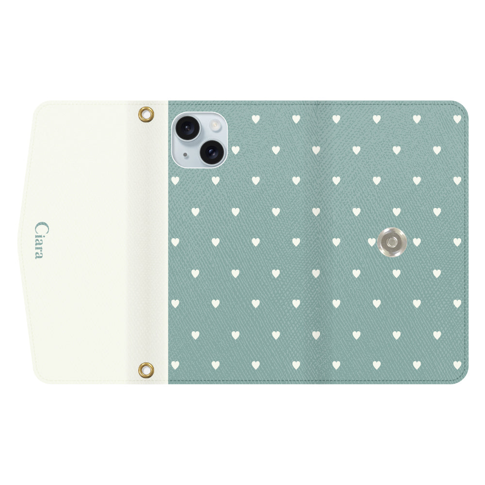 iPhone15Plusケース 手帳型カード収納レザーケース スウィートハート グリーン