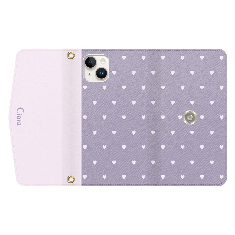 iPhone14ケース 手帳型カード収納レザーケース スウィートハート パープル