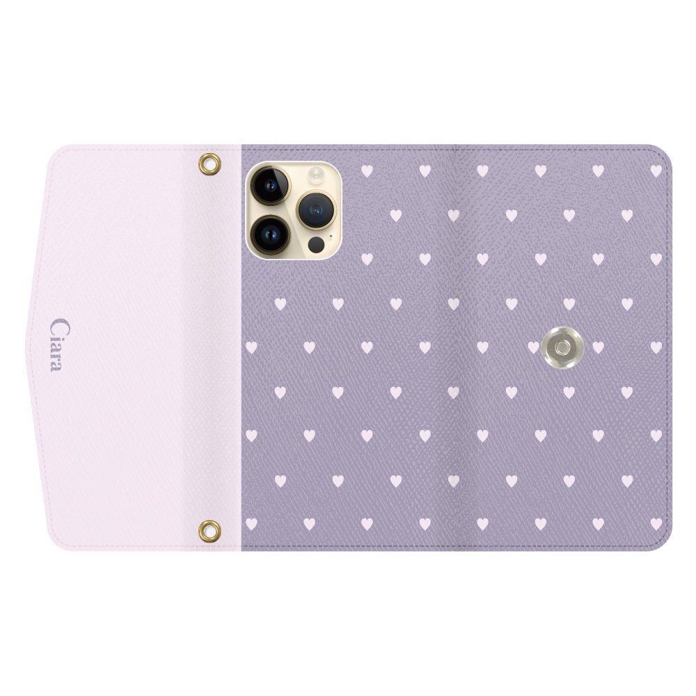 iPhone14Proケース 手帳型カード収納レザーケース スウィートハート パープル