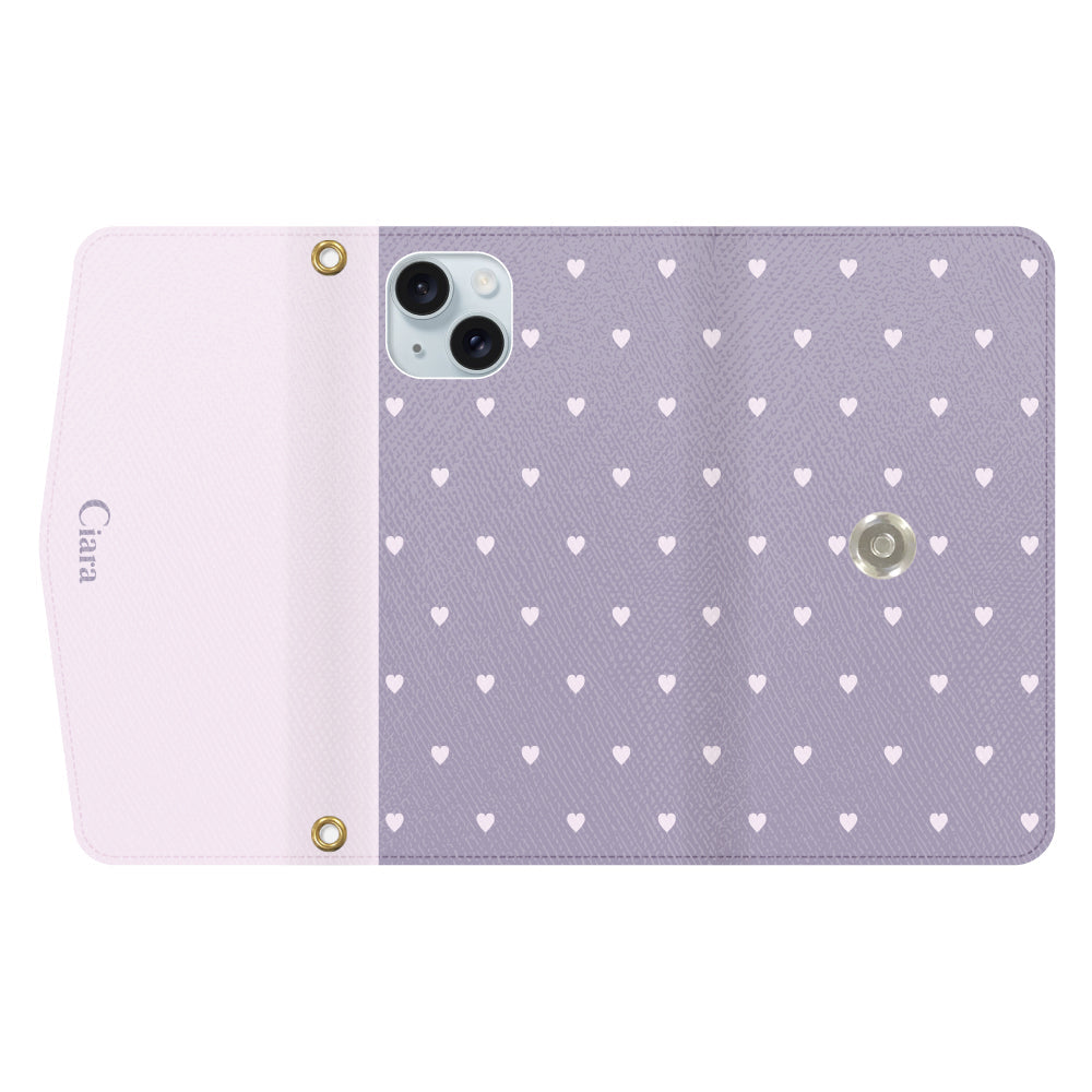 iPhone15Plusケース 手帳型カード収納レザーケース スウィートハート パープル