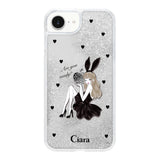 iPhone16e グリッター オイルクリアケース ブラックバニー シルバー