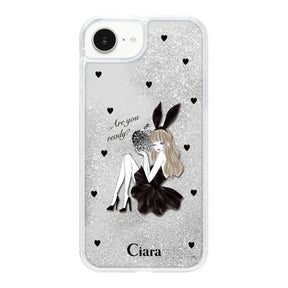 iPhone16e グリッター オイルクリアケース ブラックバニー シルバー
