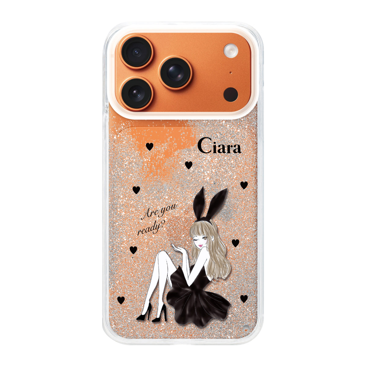 iPhone17ProMax グリッター オイルクリアケース ブラックバニー シルバー