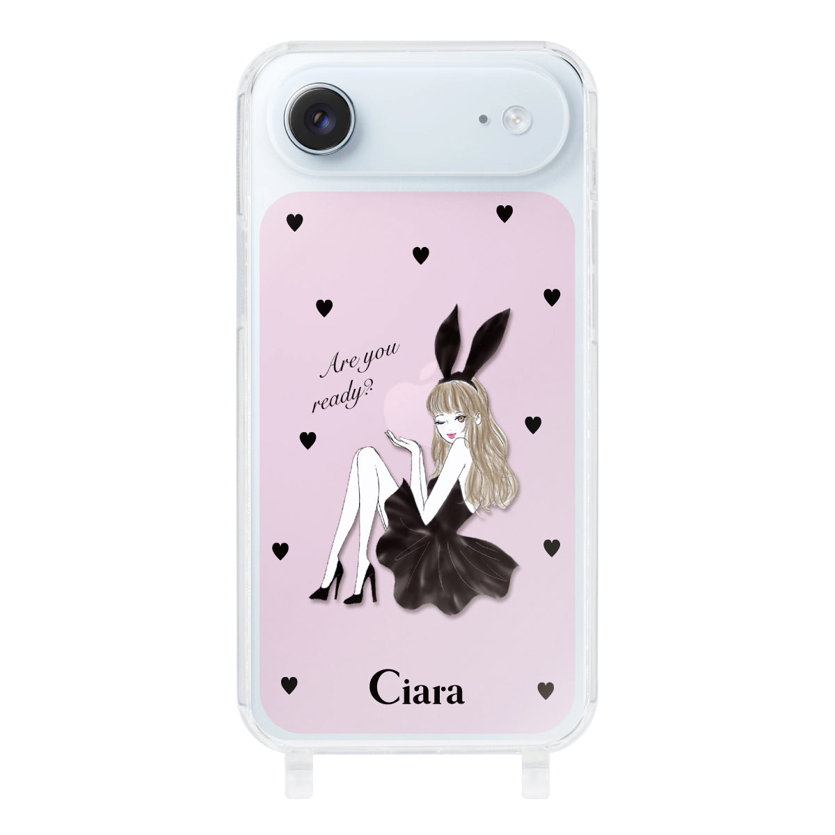 iPhoneAir ストラップクリアケース ブラックバニー ピンク
