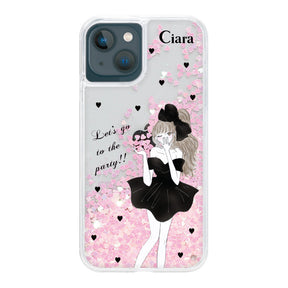 iPhone13mini グリッター オイルクリアケース ブラックリボン ピンク