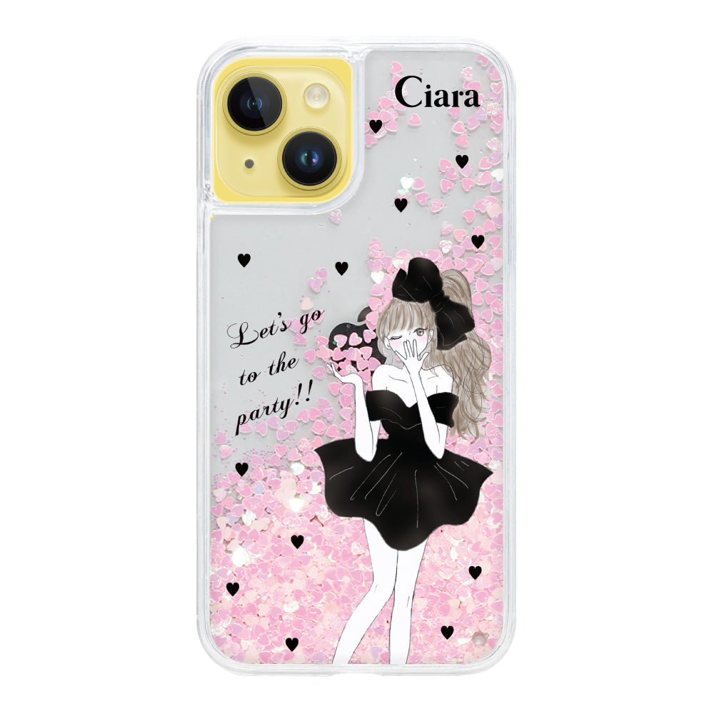 iPhone14Plus グリッター オイルクリアケース ブラックリボン ピンク