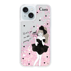 iPhone15Plus グリッター オイルクリアケース ブラックリボン ピンク