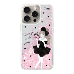 iPhone15Pro グリッター オイルクリアケース ブラックリボン ピンク