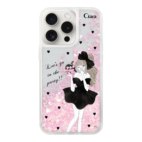 iPhone15ProMax グリッター オイルクリアケース ブラックリボン ピンク